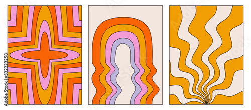 A set of colorful modern posters. Vector backgrounds in retro style. Distorted wavy shapes, a rainbow poster, a hypnotizing pattern. Templates in the style of the 70s. Home Decor