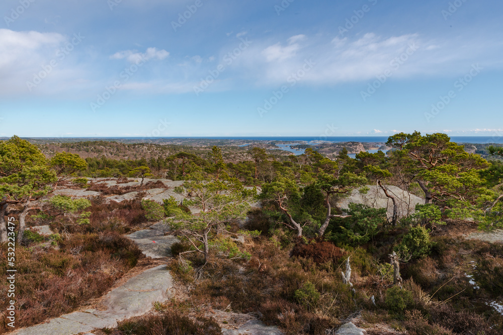 view of the coast of the sea from a top called Badstufjell in Lillesand, Norway