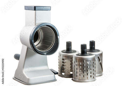 Isolated cylindric drum grater (rotary cheese grater) with a crank handle and accessories photo