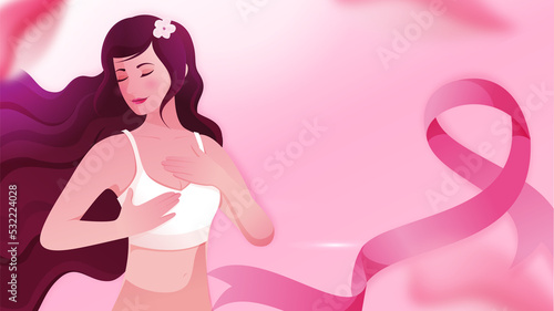Breast cancer awareness month illustration with woman with pink breast cancer awareness ribbon - pink october