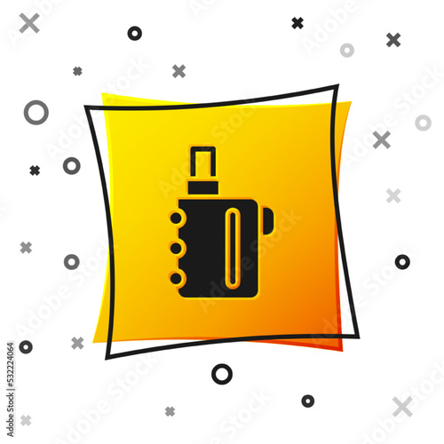 Black Electronic cigarette icon isolated on white background. Vape smoking tool. Vaporizer Device. Yellow square button. Vector
