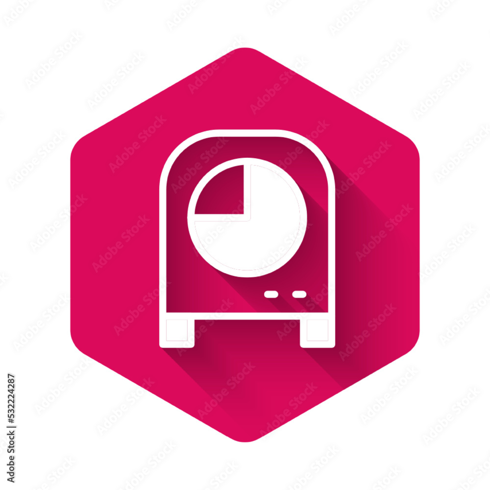 White Kitchen timer icon isolated with long shadow background. Cooking utensil. Pink hexagon button. Vector White Kitchen timer icon isolated with long shadow background. Cooking utensil. Pink hexagon button. Vector