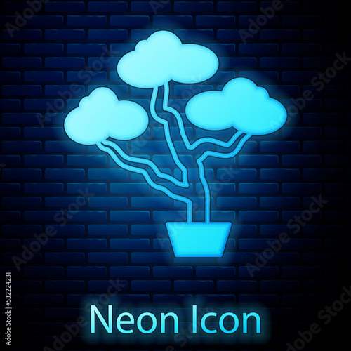 Glowing neon Japanese bonsai tree icon isolated on brick wall background. Japanese culture, horticulture, olericulture hobby concept. Vector