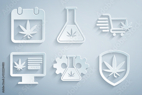 Set Test tube with marijuana, Shopping cart, Online buying, Shield and, and Calendar icon. Vector