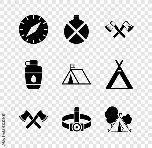 Set Compass, Canteen water bottle, Crossed wooden axe, Head flashlight, Tourist tent with flag, and icon. Vector