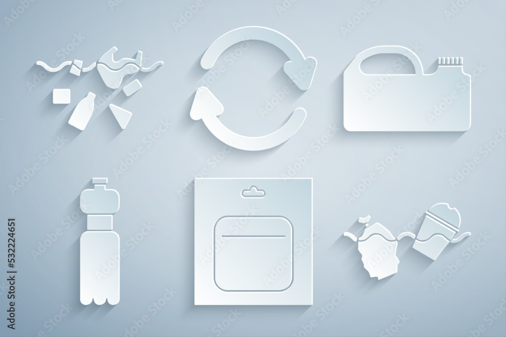 Set Battery in pack, Canister for machine oil, Bottle of water, Problem pollution the ocean, Refresh and planet icon. Vector Set Battery in pack, Canister for machine oil, Bottle of water, Problem pollution the ocean, Refresh and planet icon. Vector