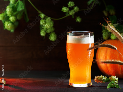 Seasonal autumn pumpkin beer on a wooden table with copy space