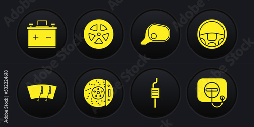 Set Windscreen wiper, Steering wheel, Car brake disk with caliper, muffler, mirror, Oil filler cap at gas station and battery icon. Vector