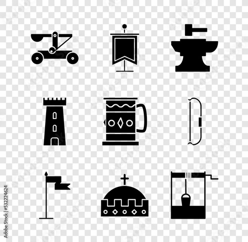 Set Catapult shooting stones, Medieval flag, Anvil for blacksmithing hammer, King crown, Well with bucket, Castle tower and Wooden mug icon. Vector