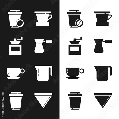Set Coffee turk, Manual coffee grinder, cup to go, V60 maker, pot, paper filter and icon. Vector