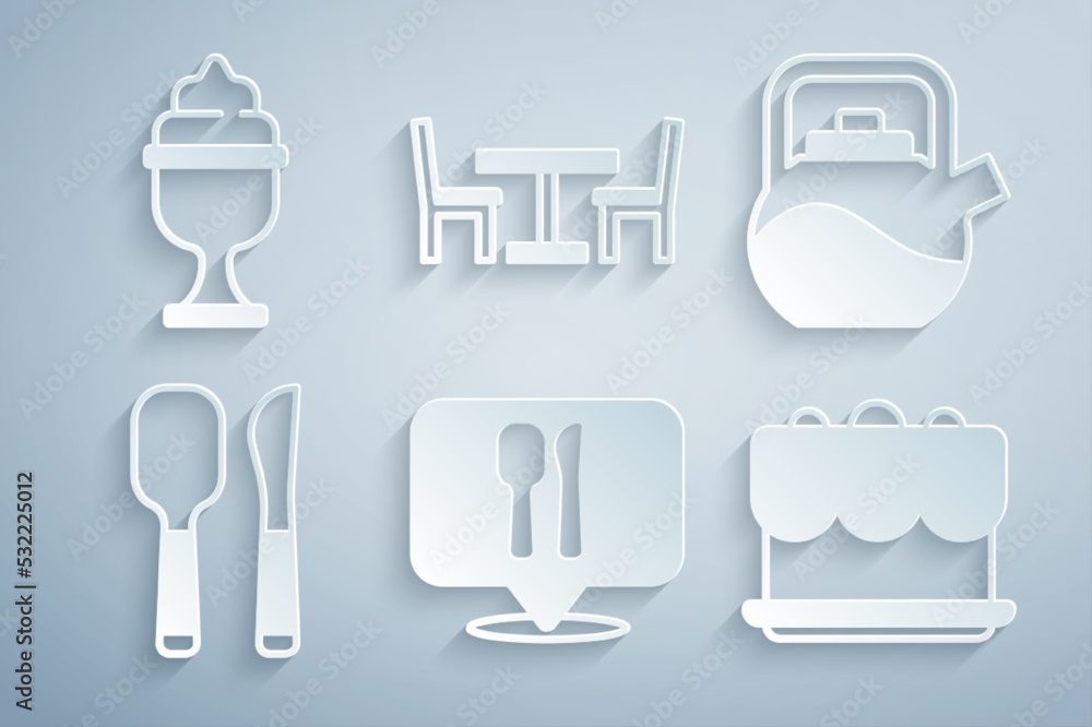 Set Cafe and restaurant location, Kettle with handle, Knife spoon, Cake, Wooden table chair and Ice cream in bowl icon. Vector Set Cafe and restaurant location, Kettle with handle, Knife spoon, Cake, Wooden table chair and Ice cream in bowl icon. Vector