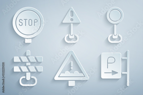 Set Uneven road ahead sign, Road traffic, barrier, Parking, Exclamation mark triangle and Stop icon. Vector