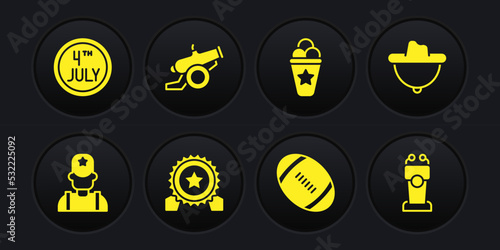 Set Sheriff cowboy, Western hat, Medal with star, American Football ball, Ice cream in waffle cone, Cannon, Stage stand or tribune and Calendar date July 4 icon. Vector