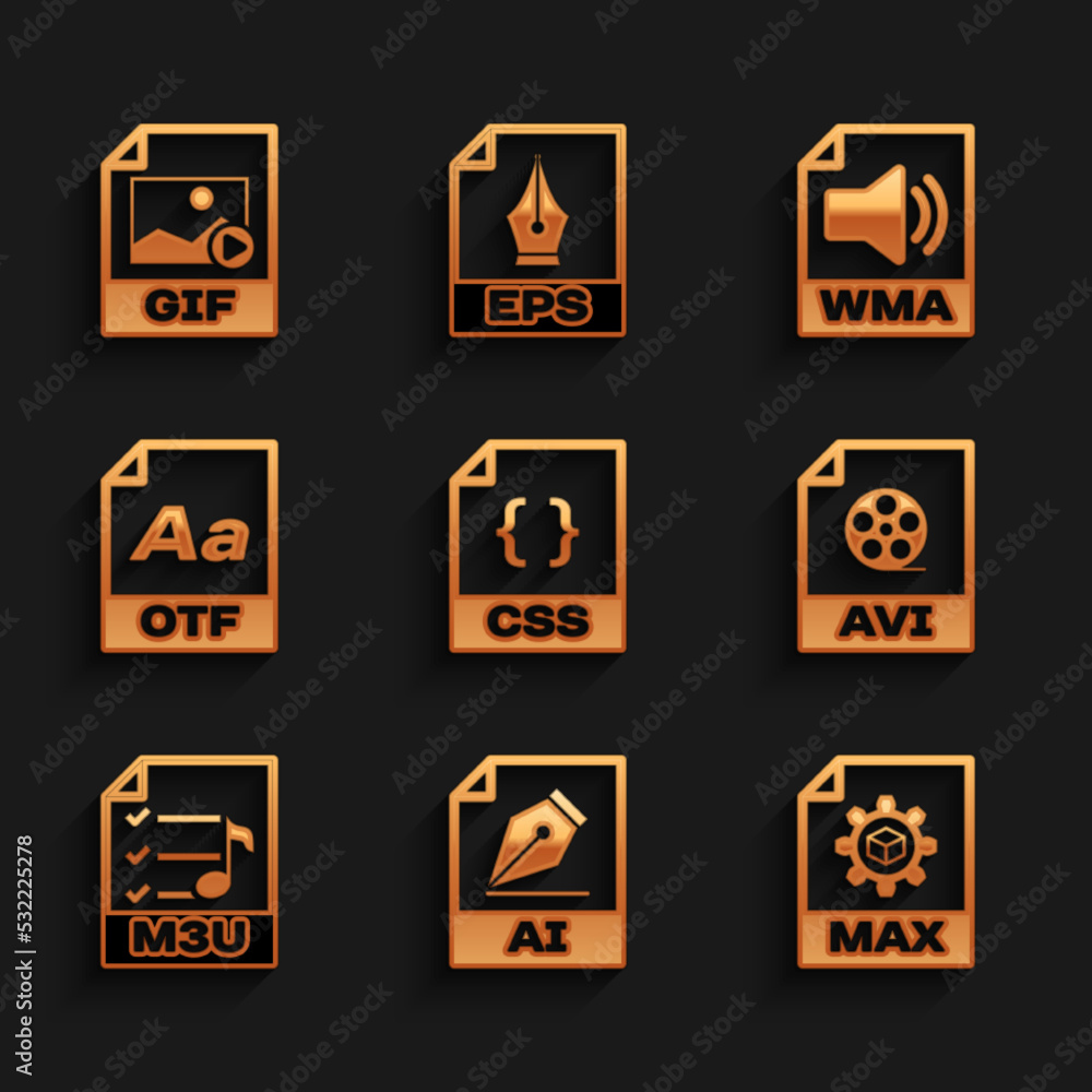 Set CSS file document, AI, MAX, AVI, M3U and OTF icon. Vector Set CSS file document, AI, MAX, AVI, M3U and OTF icon. Vector