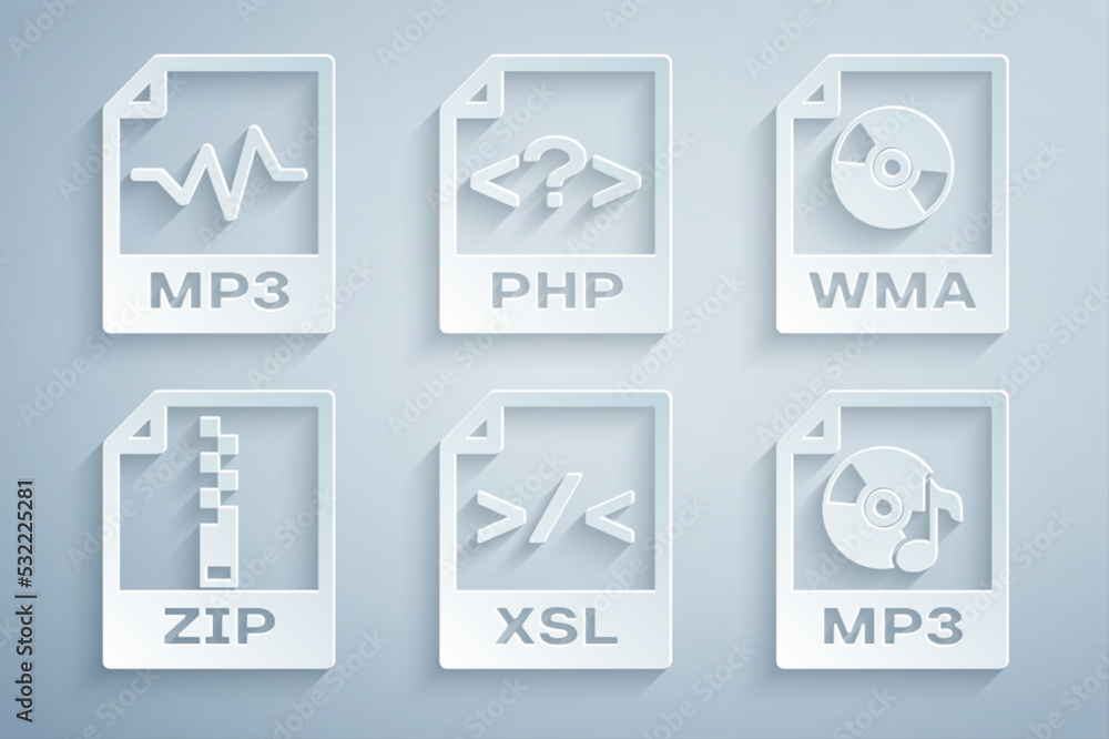 Set XSL file document, WMA, ZIP, MP3, PHP and icon. Vector Set XSL file document, WMA, ZIP, MP3, PHP and icon. Vector