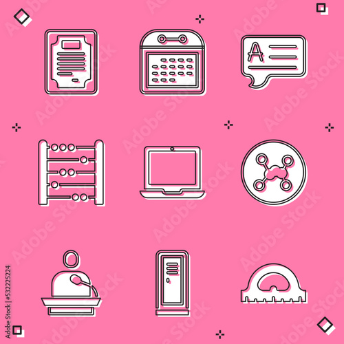 Set Certificate template, Calendar, Speech bubbles with Answer, Abacus, Laptop, Chemical formula, Gives lecture and Locker changing room icon. Vector