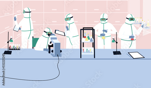Medical workers in protective suits conduct research in the laboratory. Laboratory assistants stand with test tubes in a protective suit, gloves and a mask. Flat vector illustration.
