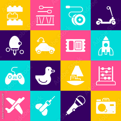 Set Photo camera, Abacus, Rocket ship toy, Yoyo, Radio controlled car, Racket, Toy building block bricks and Circus ticket icon. Vector