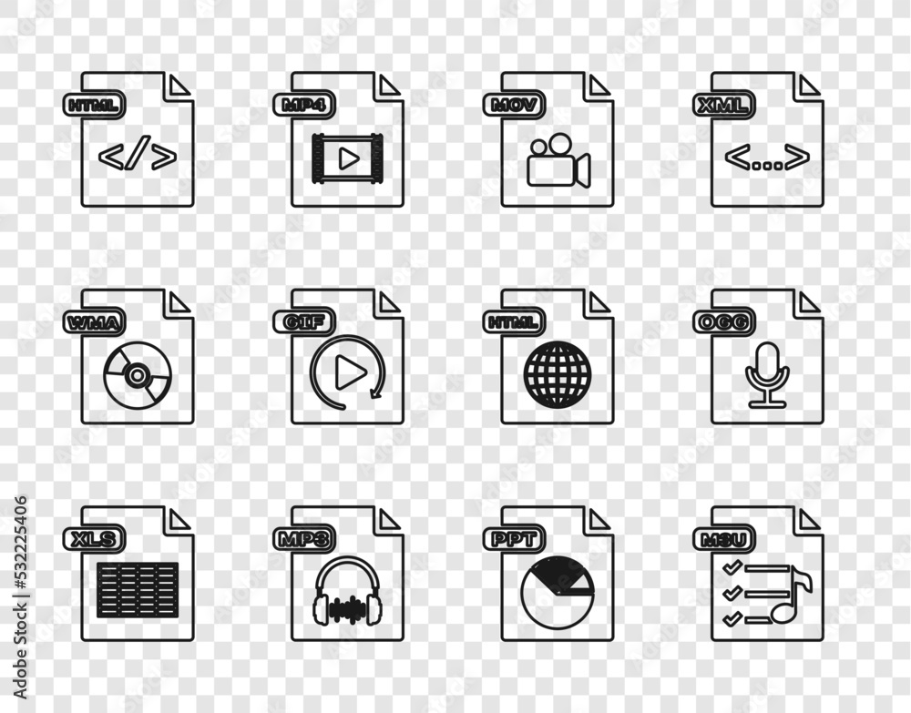 Set line XLS file document, M3U, MOV, MP3, HTML, GIF, PPT and OGG icon.  Vector Stock Vector | Adobe Stock