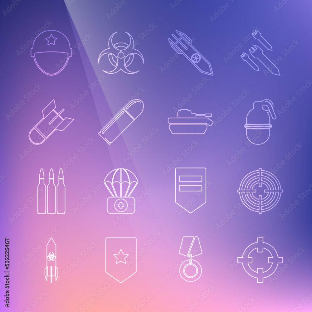 Set line Target sport, Hand grenade, Nuclear rocket, Bullet, Aviation bomb, Military helmet and tank icon. Vector Set line Target sport, Hand grenade, Nuclear rocket, Bullet, Aviation bomb, Military helmet and tank icon. Vector