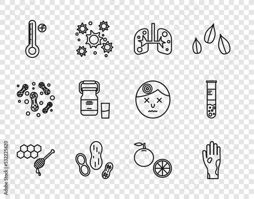 Set line Honeycomb with honey dipper, Hand psoriasis or eczema, Lungs, Peanut, Medical digital thermometer, Can container for milk, Orange fruit and Test tube flask icon. Vector
