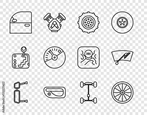 Set line Truck side mirror, Car wheel, door handle, Speedometer, Chassis car and Windscreen wiper icon. Vector