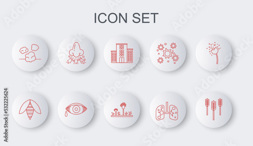 Set line Wheat, Bee, Medical hospital building, Lungs, Dust, Runny nose, Reddish eye allergic conjunctivitis and Mold icon. Vector