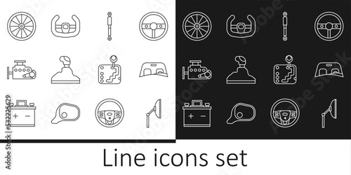 Set line Windscreen wiper, Car windscreen, Shock absorber, Gear shifter, engine, wheel, and Sport steering icon. Vector