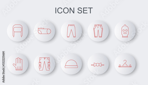 Set line Hanger wardrobe, Leather glove, Sport pants, Bow tie, Winter hat with ear flaps, socks, Cargo and Beanie icon. Vector
