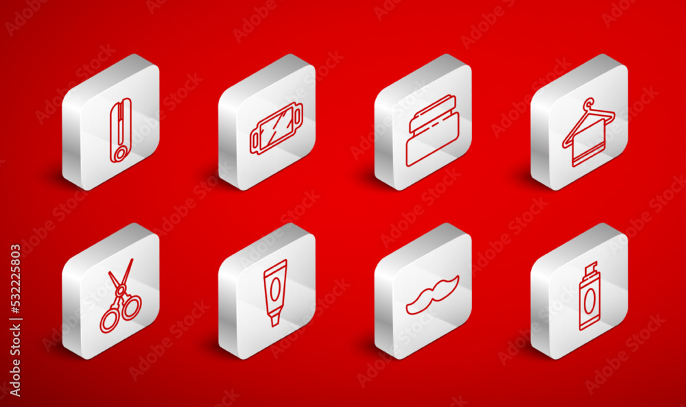 Set line Shaving gel foam, Hand mirror, Cream lotion cosmetic tube, Towel hanger, Mustache, Curling iron for hair, and Scissors hairdresser icon. Vector Set line Shaving gel foam, Hand mirror, Cream lotion cosmetic tube, Towel hanger, Mustache, Curling iron for hair, and Scissors hairdresser icon. Vector