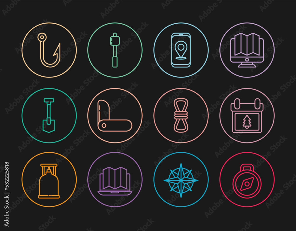 Set line Compass, Calendar with tree, City map navigation, Swiss army knife, Shovel, Fishing hook, Climber rope and Marshmallow stick icon. Vector Set line Compass, Calendar with tree, City map navigation, Swiss army knife, Shovel, Fishing hook, Climber rope and Marshmallow stick icon. Vector