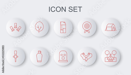 Set line Tourist tent, Torch flame, Lighter, Slingshot, Cartridges, Tree, Canteen water bottle and Balaclava icon. Vector