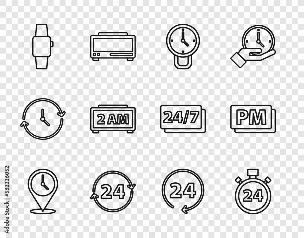 Set line Location with clock, Stopwatch 24 hours, Clock, Smartwatch, Digital alarm, and PM icon. Vector Set line Location with clock, Stopwatch 24 hours, Clock, Smartwatch, Digital alarm, and PM icon. Vector
