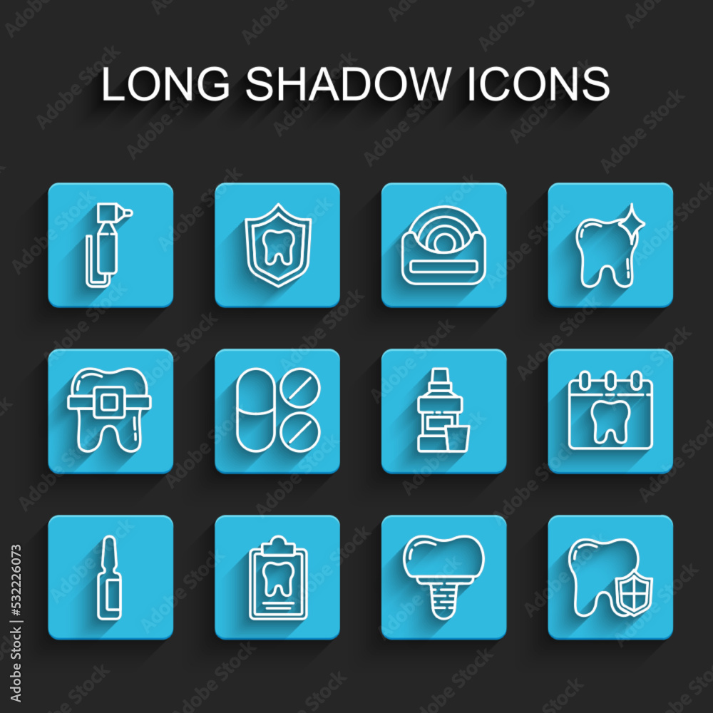 Set line Painkiller tablet, Dental card, Tooth drill, implant, protection, Calendar with tooth and Mouthwash bottle icon. Vector Set line Painkiller tablet, Dental card, Tooth drill, implant, protection, Calendar with tooth and Mouthwash bottle icon. Vector