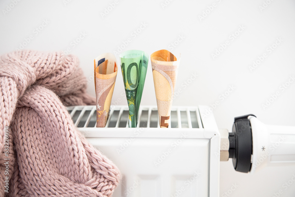Radiator, warm cloth and euro money banknotes. Saving home heating, expensive payment for heating. - obrazy, fototapety, plakaty 