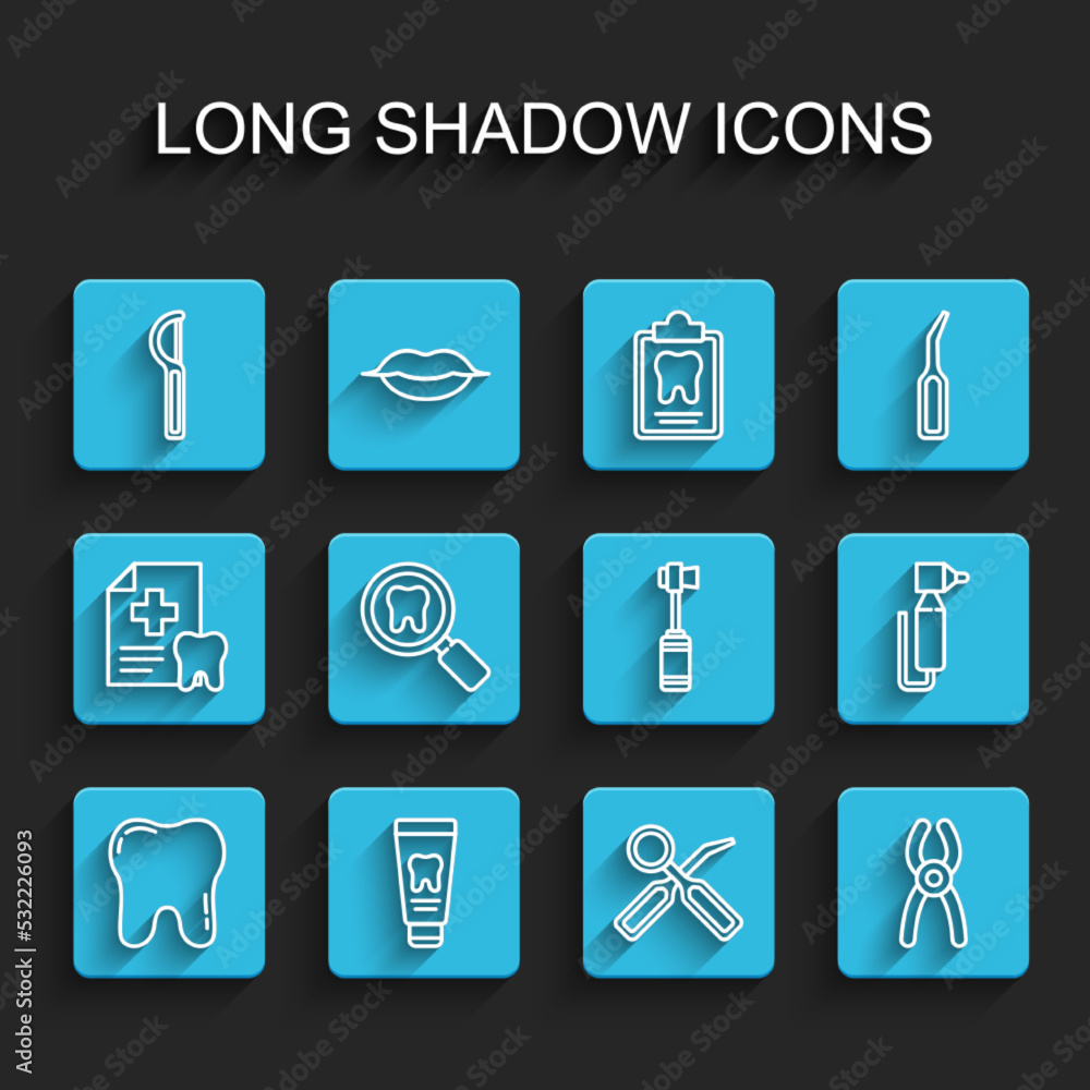 Set line Tooth, Tube of toothpaste, Dental floss, inspection mirror, pliers, search, drill and Toothbrush icon. Vector Set line Tooth, Tube of toothpaste, Dental floss, inspection mirror, pliers, search, drill and Toothbrush icon. Vector