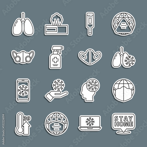Set line Stay home, Earth with medical mask, Virus cells in lung, Medical thermometer, Liquid antibacterial soap, protective, Lungs and icon. Vector