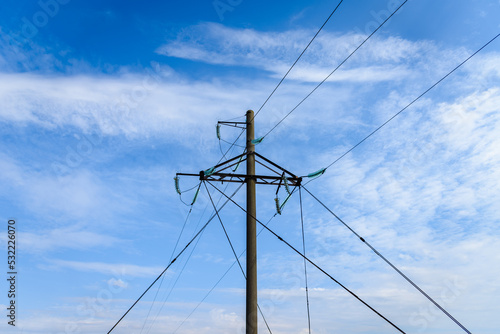 Wallpaper Mural Vintage pole.Power poles and power lines.Electrical net of poles on a blue sky and clouds.Summer bright sunny day. Torontodigital.ca