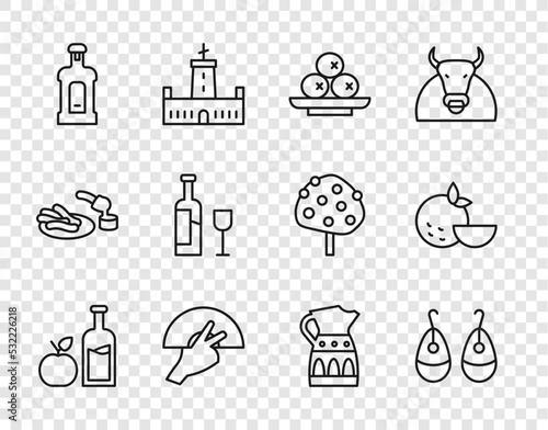 Set line Apple cider bottle, Earrings, Olives on plate, Fan flamenco, Orujo, Wine with glass, Sangria pitcher and Orange fruit icon. Vector