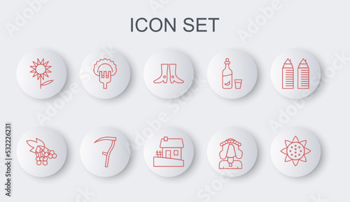Set line Sunflower, Branch viburnum, Ukrainian footwear, woman, Dumplings on fork, Scythe and house icon. Vector