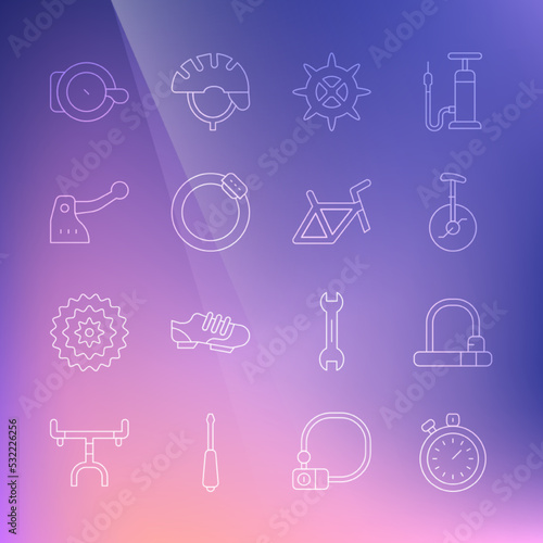Set line Stopwatch, Bicycle lock, Unicycle or one wheel bicycle, sprocket crank, brake disc, bell and frame icon. Vector
