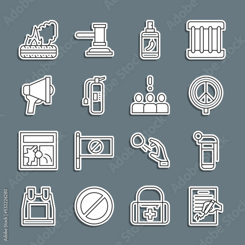 Set line Petition, Hand grenade, Peace, Pepper spray, Fire extinguisher, Megaphone, Lying burning tires and Crowd protest icon. Vector