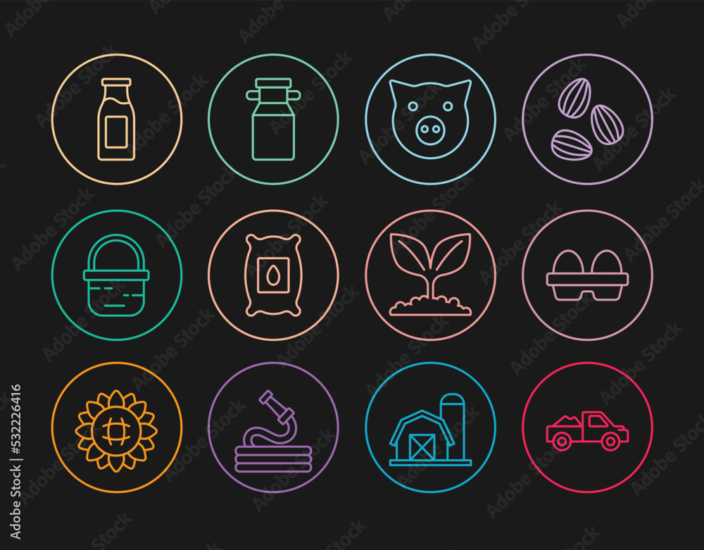 Set line Pickup truck, Chicken egg in box, Pig, Pack full of seeds of plant, Basket, Bottle with milk, Plant and Can container for icon. Vector Set line Pickup truck, Chicken egg in box, Pig, Pack full of seeds of plant, Basket, Bottle with milk, Plant and Can container for icon. Vector