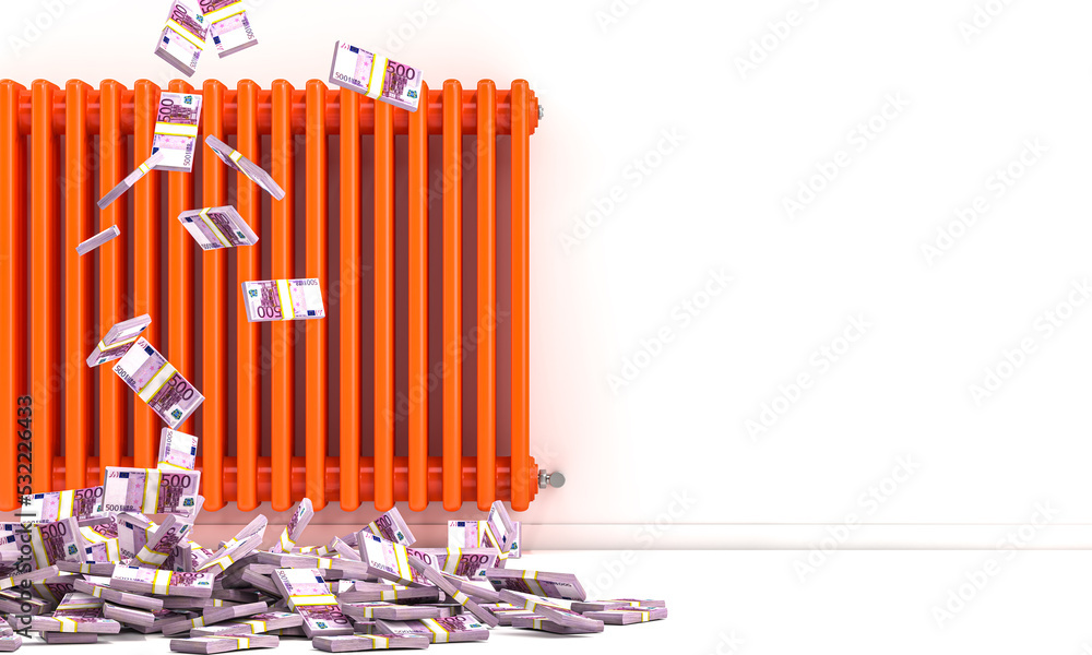 orange radiator in a white room, wads of money eruro. concept of the cost of heating.