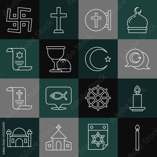 Set line Burning candle, Star crescent, Christian cross, Holy grail or chalice, Torah scroll, Hindu swastika and icon. Vector