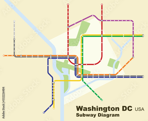 Layered editable vector illustration of the subway diagram of Washington,DC,USA.