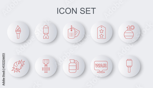 Set line Anti-tank hand grenade, Bomb explosive planet earth, Military dog tag, The word war, Torch flame, Rocket launcher, reward medal and Hand icon. Vector