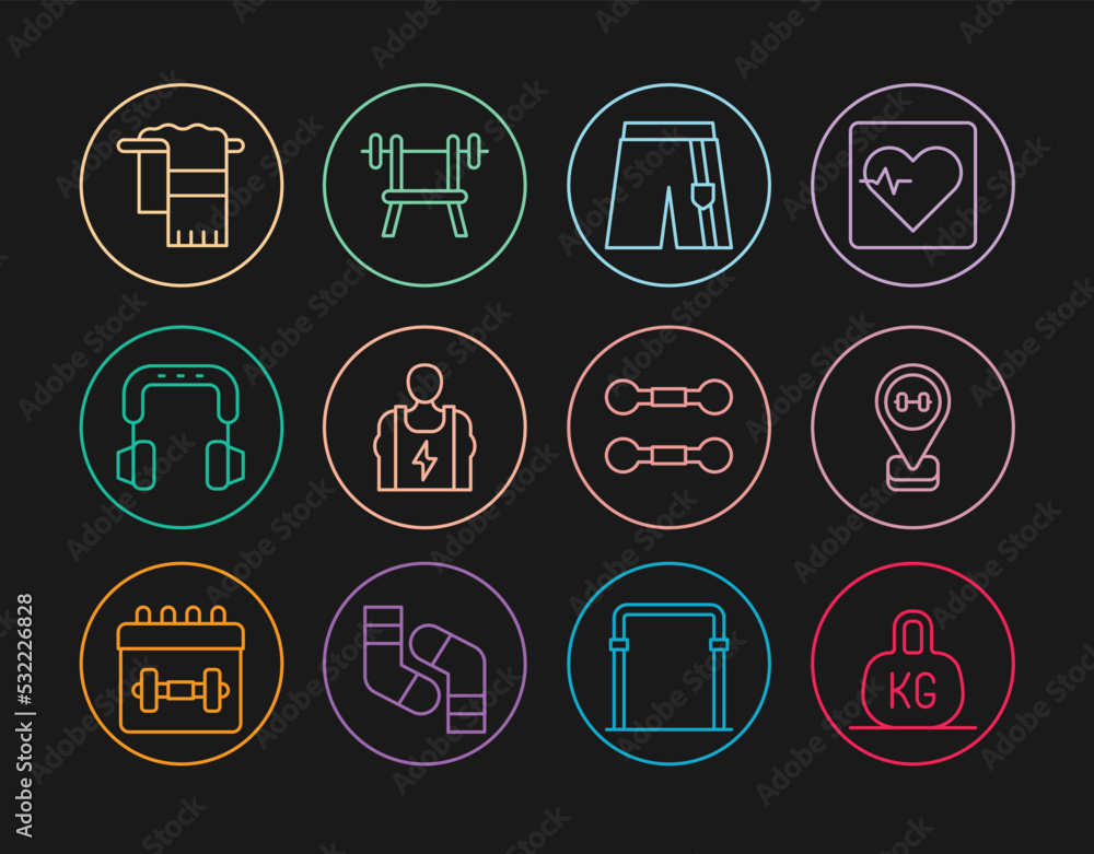 Set line Weight, Location gym, Short or pants, Bodybuilder, Headphones, Towel hanger, Dumbbell and Bench with barbell icon. Vector Set line Weight, Location gym, Short or pants, Bodybuilder, Headphones, Towel hanger, Dumbbell and Bench with barbell icon. Vector
