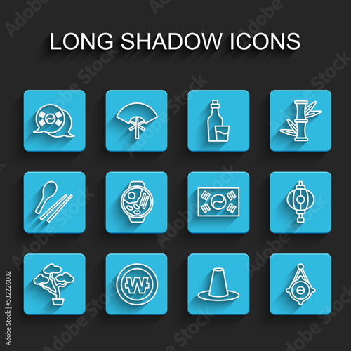Set line Bonsai tree, South Korean won coin, flag, hat, lantern, Ramen, and icon. Vector