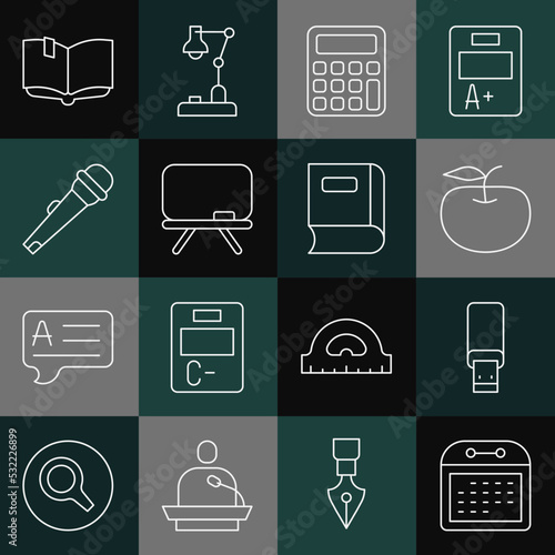 Set line Calendar, USB flash drive, Apple, Calculator, Chalkboard, Microphone, Open book and Book icon. Vector